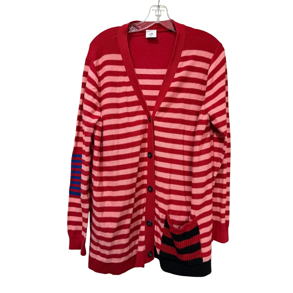 Cabi Red Pink Striped Picnic Cardigan Sweater XL V-Neck Button Front 5446